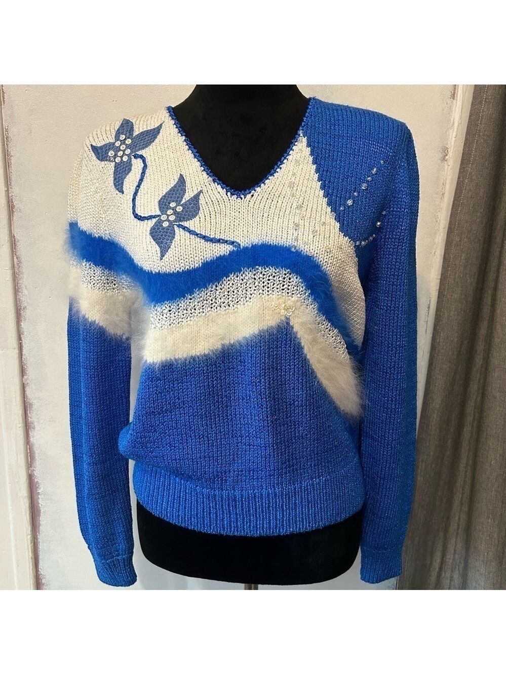 Vintage Christine Phillipe Sweater Angora Lambswool Sequins Med Blue White 90s